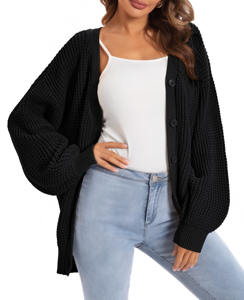 QUALFORT Cardigan Sweaters for Women 100% Cotton Button-Down Oversized Knit Outerwear Fall Tops for Women 2026 Black Small - Image 1